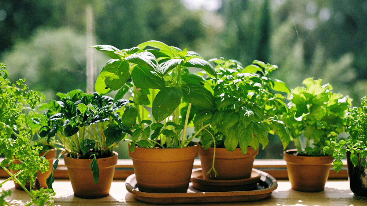 Lush green basil, mint and lettuce growing in terracotta pots on a sunlit windowsill with soft green foliage beyond
