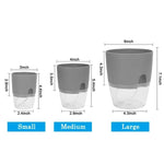 Size chart showing small, medium and large planters with measurements in inches
