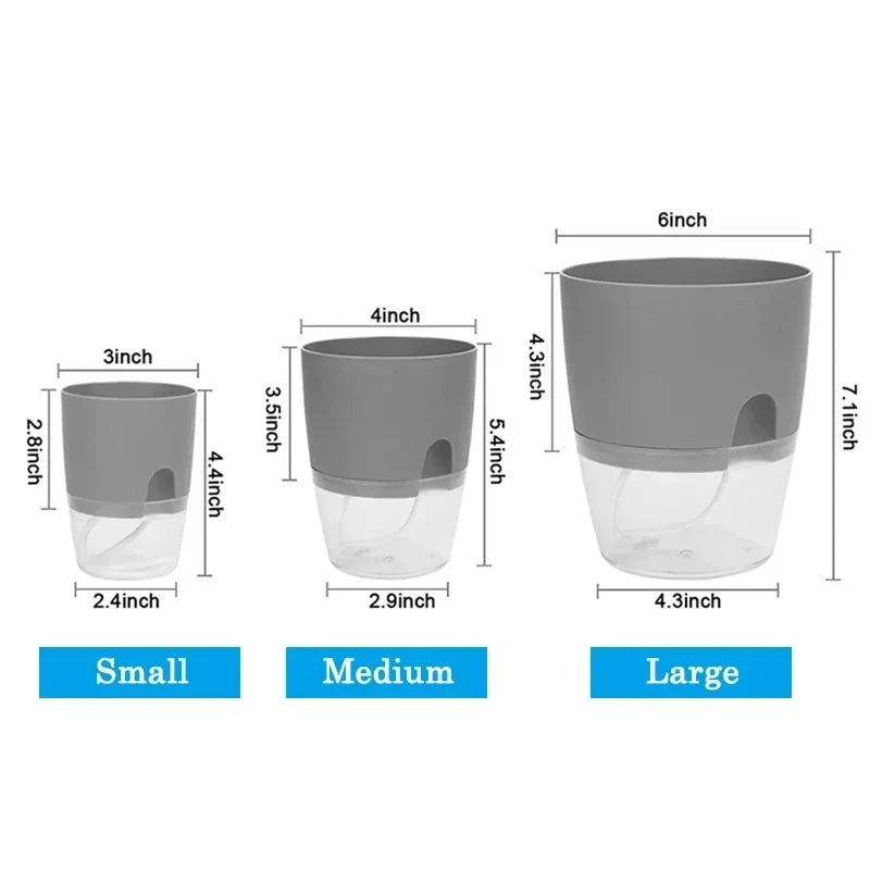 Size chart showing small, medium and large planters with measurements in inches