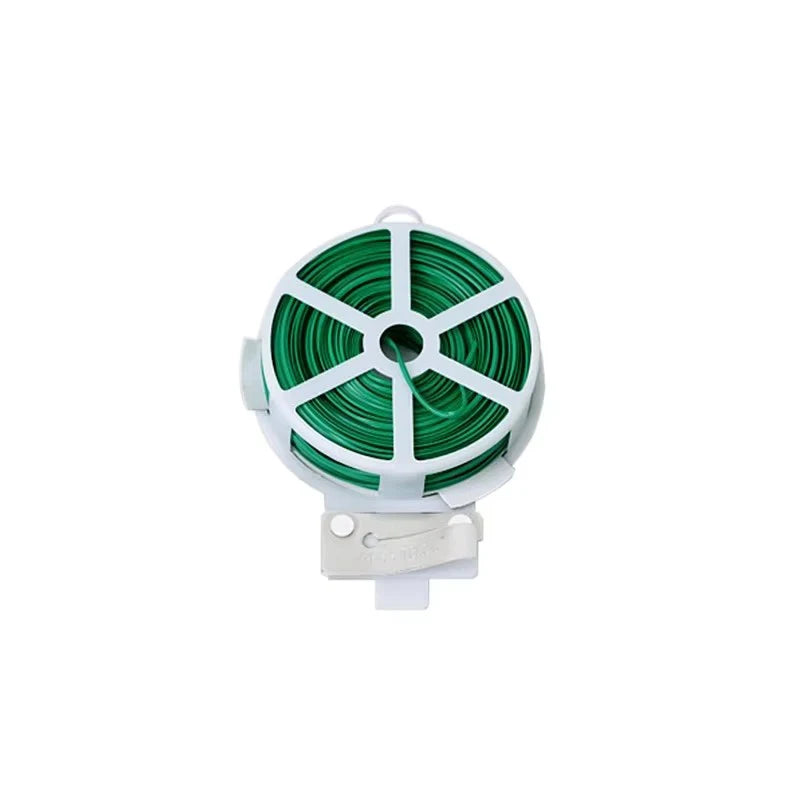 Roll of green garden tie wire in a plastic dispenser with a built-in cutter