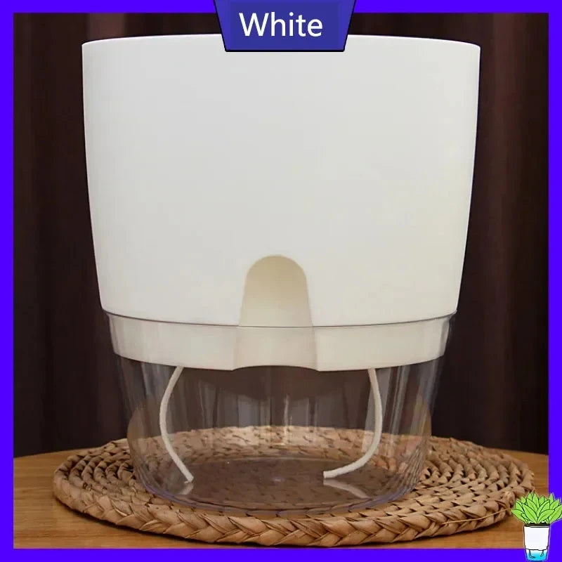 White planter on a woven mat, with the clear reservoir visible at the base