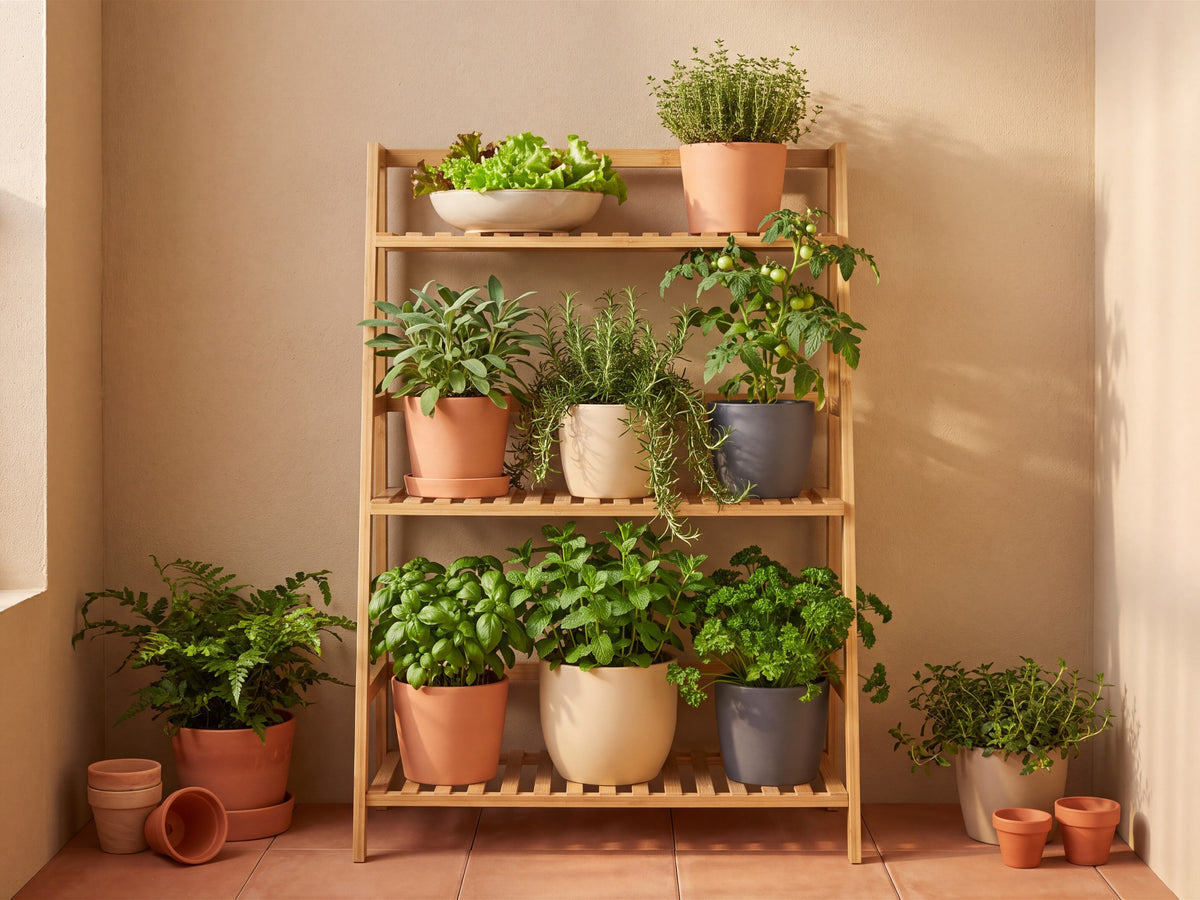 A clean urban balcony garden with healthy potted herbs, leafy greens and a young tomato plant on a bamboo stand.