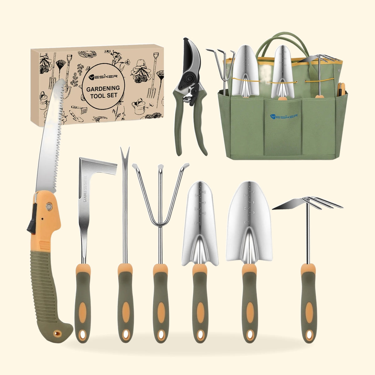 Outils de jardinage en acier à manches bicolores, avec sac de rangement vert et boîte kraft.