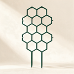 Green plastic honeycomb plant trellis stake with two ground spikes.