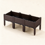 Dark brown woven modular raised garden bed on legs, shown as three connected sections.