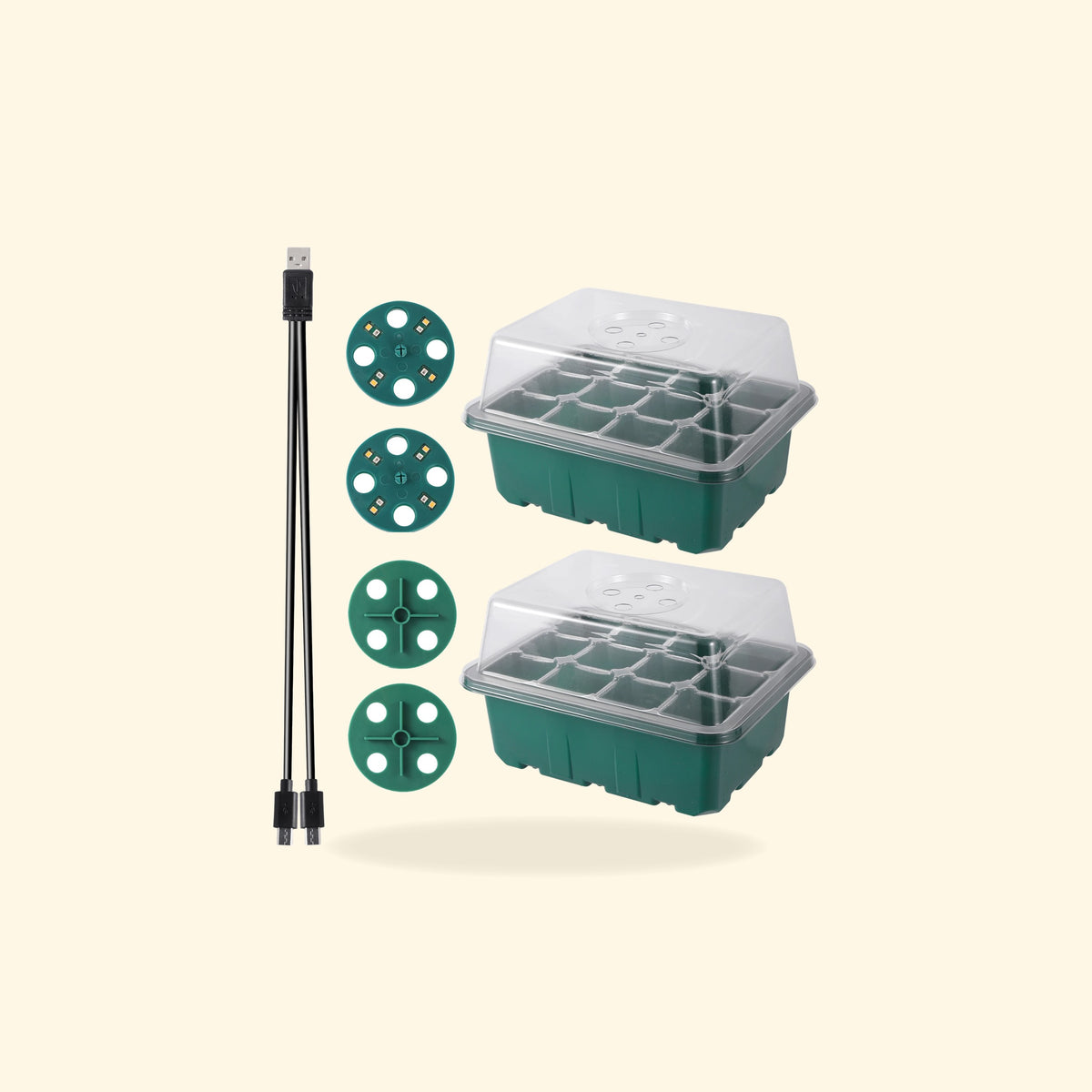 Kit de 2 bacs de semis de 12 alvéoles avec dômes et 2 lampes LED USB.