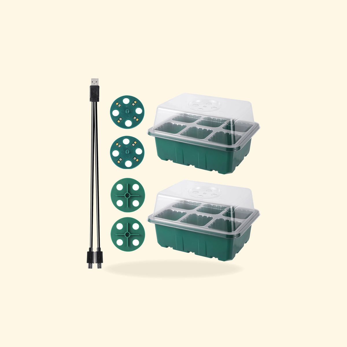 Kit de 2 bacs de semis de 6 alvéoles avec dômes et 2 lampes LED USB.