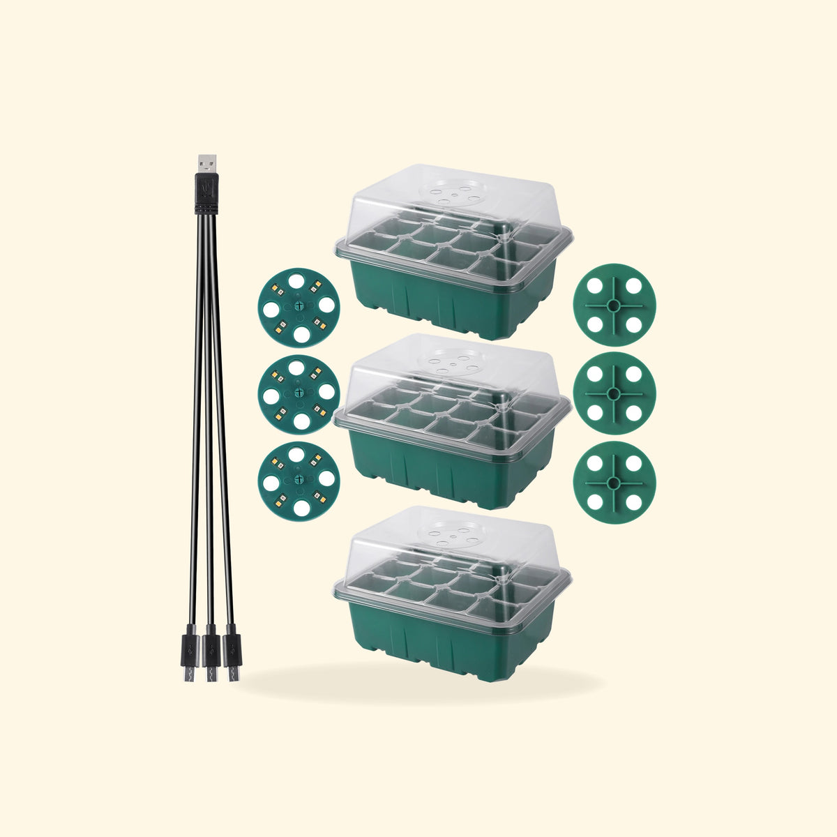 Kit de 3 bacs de semis de 12 alvéoles avec dômes et 3 lampes LED USB.