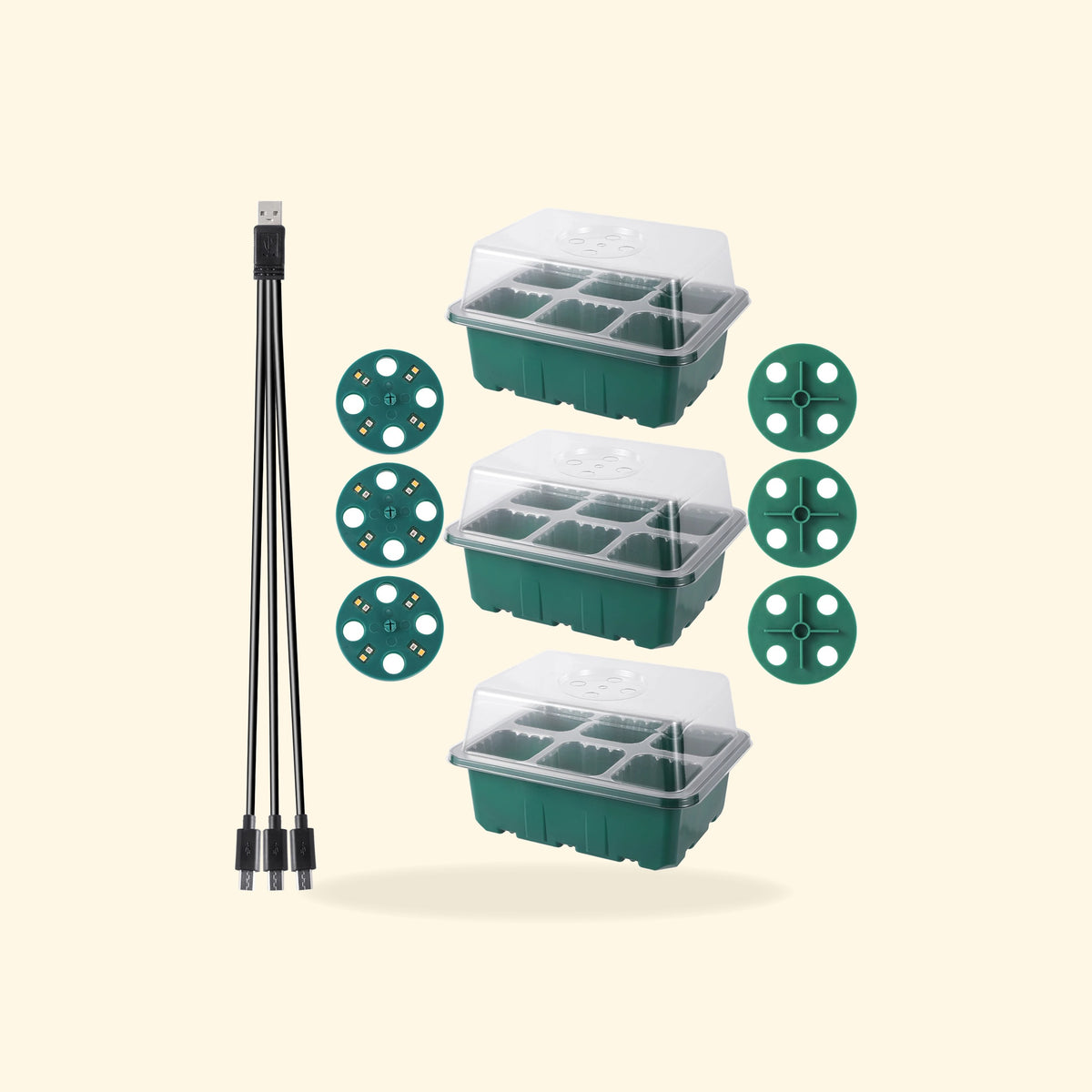 Kit de 3 bacs de semis de 6 alvéoles avec dômes et 3 lampes LED USB.