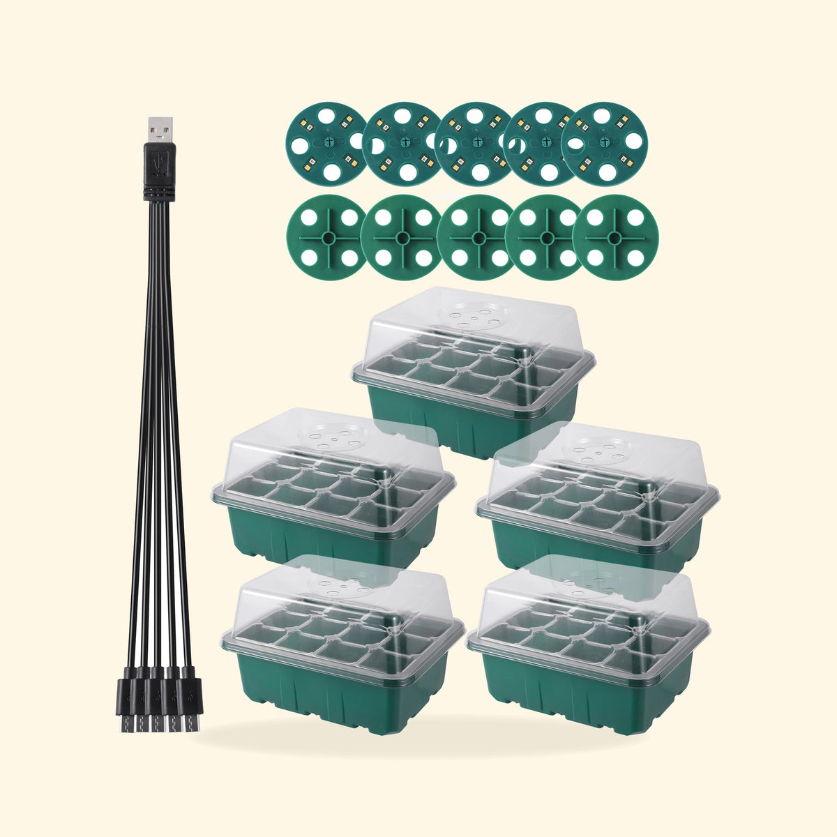 Kit de 5 bacs de semis de 12 alvéoles avec dômes et 5 lampes LED USB.