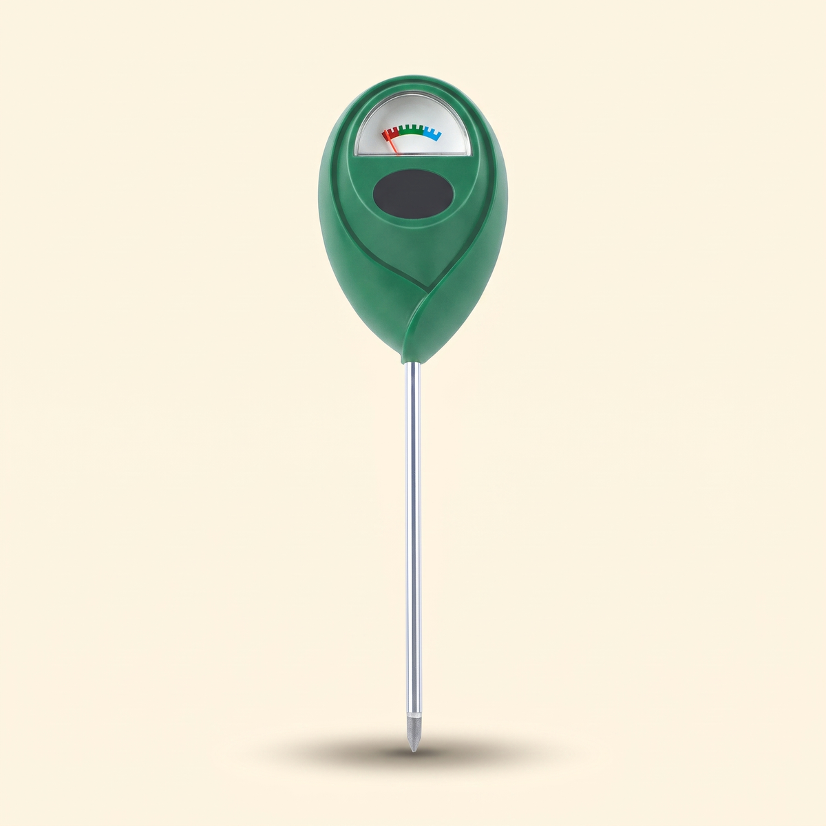 Green analogue soil moisture indicator with a single metal probe for potted plants.