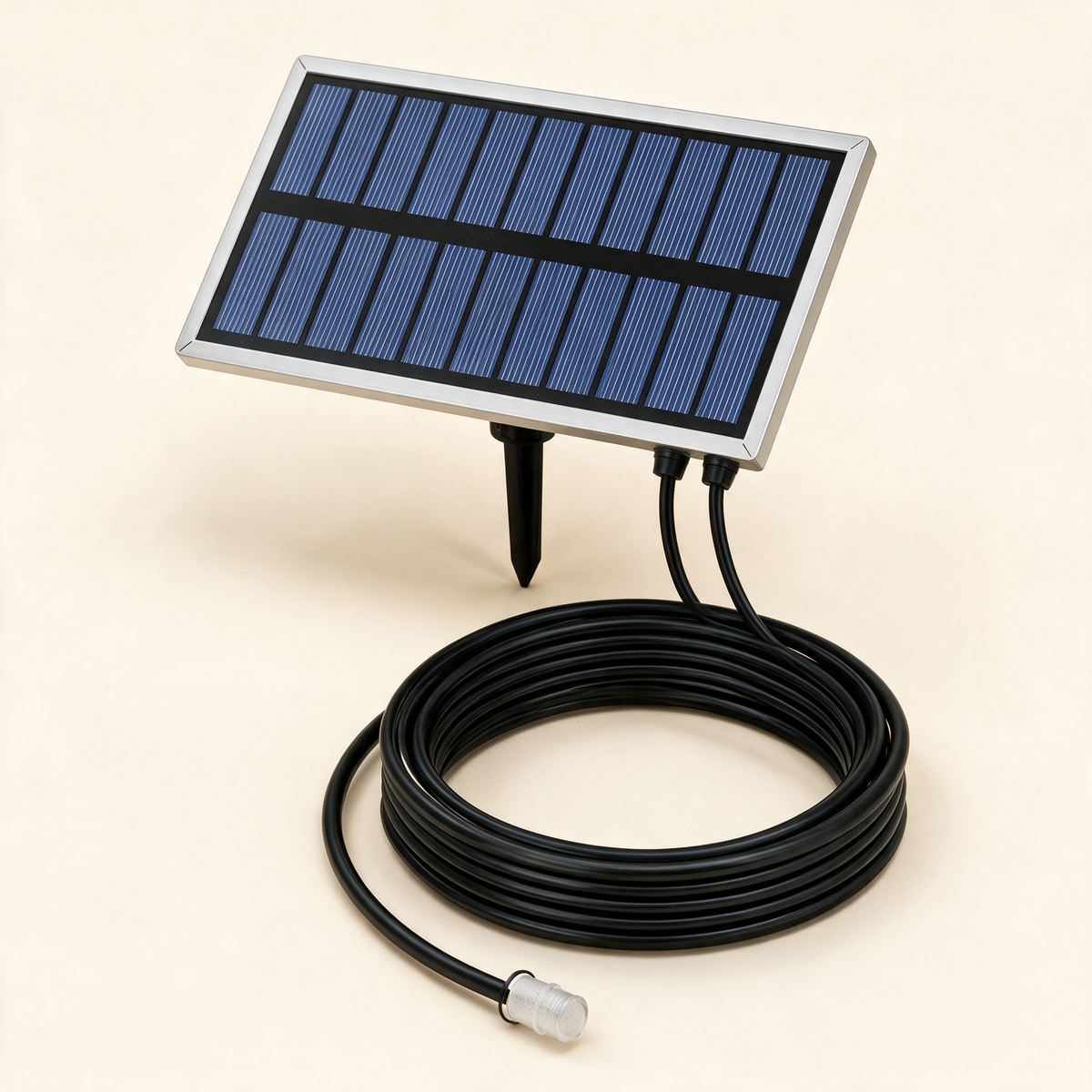 Solar-powered drip irrigation kit with polycrystalline panel and submersible pump.
