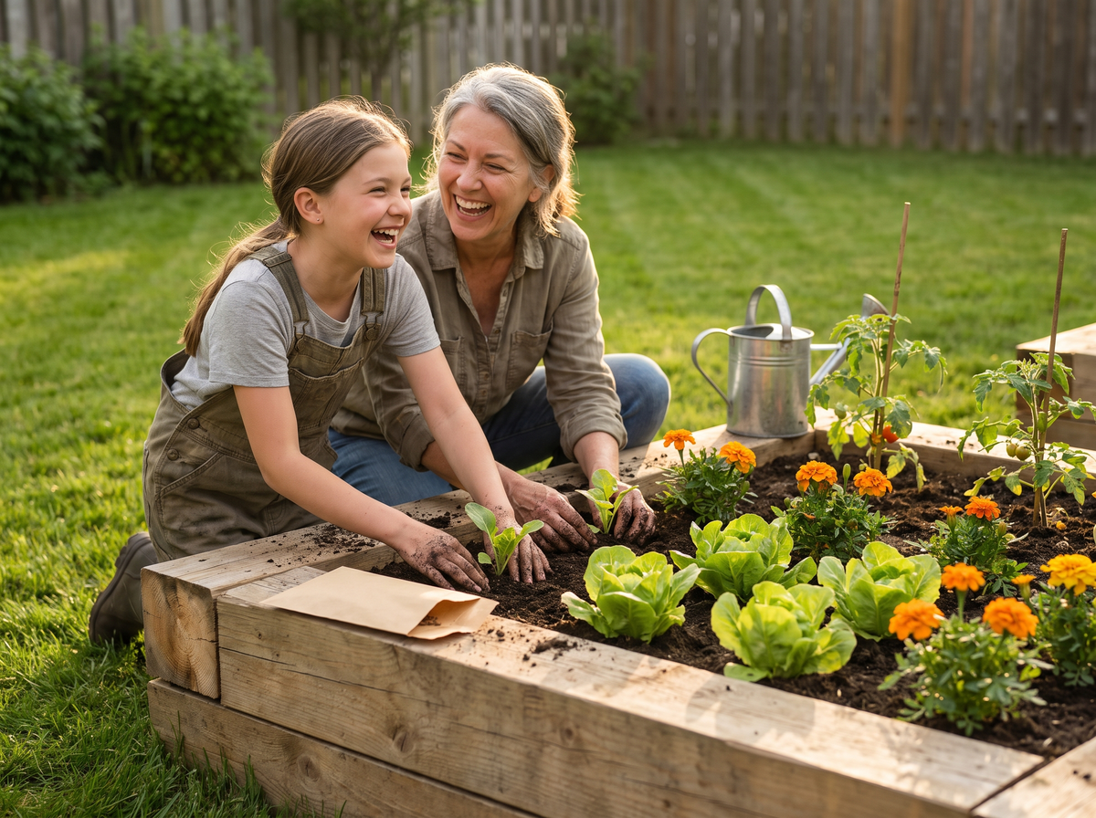 A woman and a young girl laughing while planting seedlings in a backyard raised garden bed