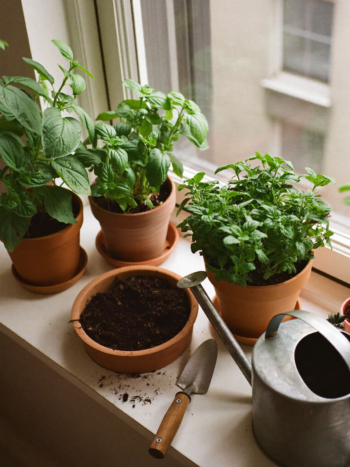 Small windowsill garden with herbs growing in simple pots.