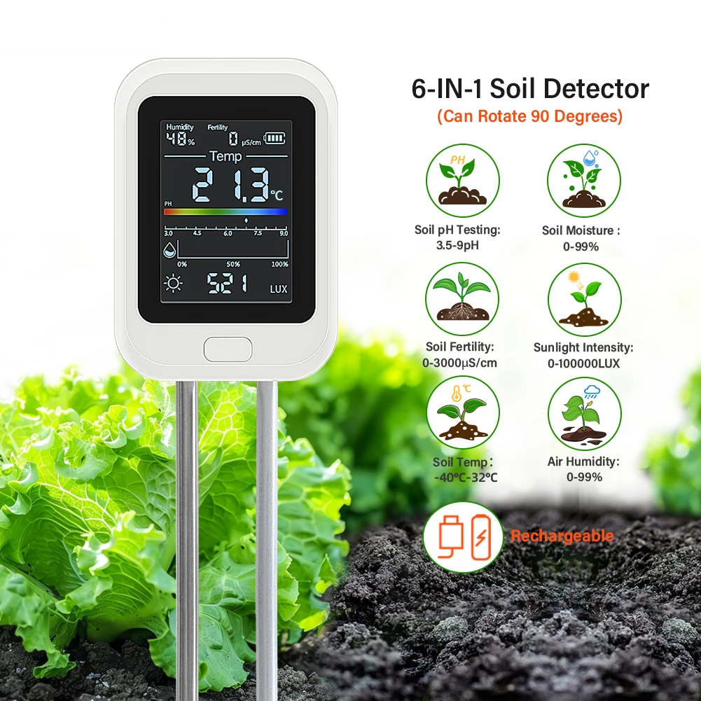 6-in-1 digital soil meter displaying humidity, fertility, temperature, pH and light readings, pushed into soil beside lettuce